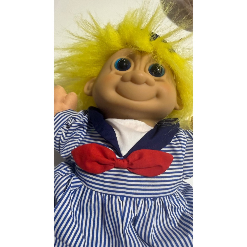 Vintage Sailor Troll Doll Yellow Hair Blue Striped Outfit Red Bow Tie 90s Toy